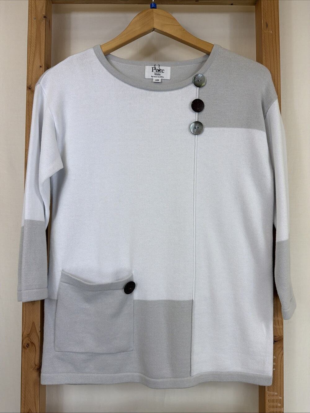 NWT Pure Knits Neon Buddha 2 Tone Gray Pocket 3/4 Sleeve Sweater #1422 Size XS